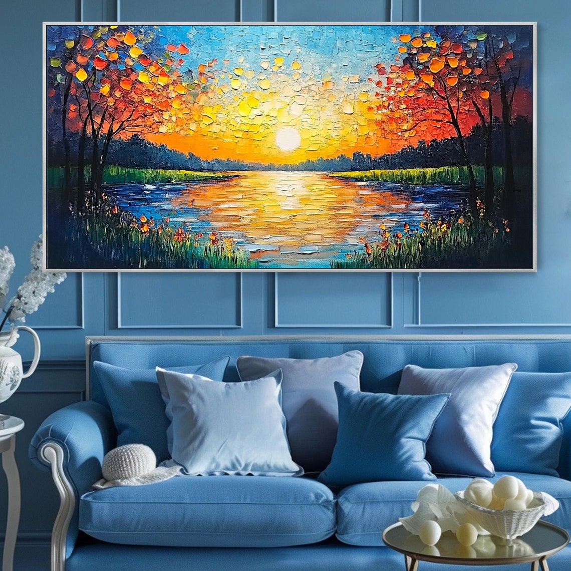 Sunset Lake Golden Trees Orange Reflection Landscape Art Poster