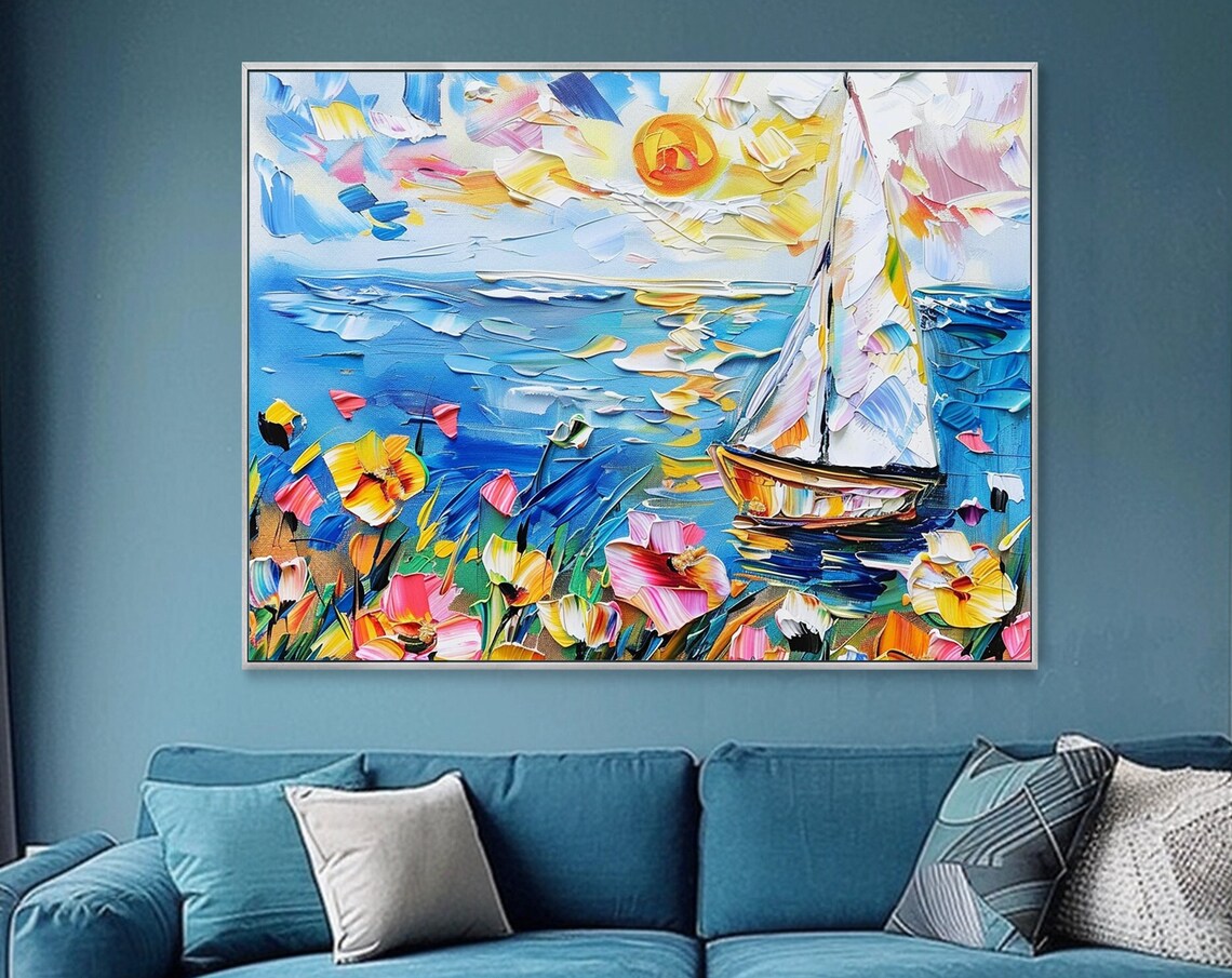 White Sailboat on Blue Sea Wildflower Meadow Sun Impasto Art Poster