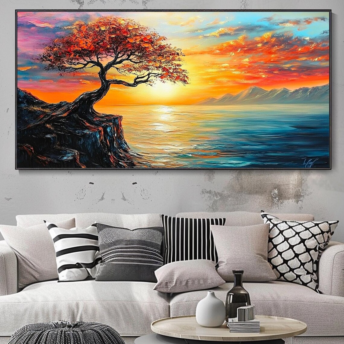 Lone Fiery Tree Cliff Sunset Ocean Golden Light Impasto Wall Art