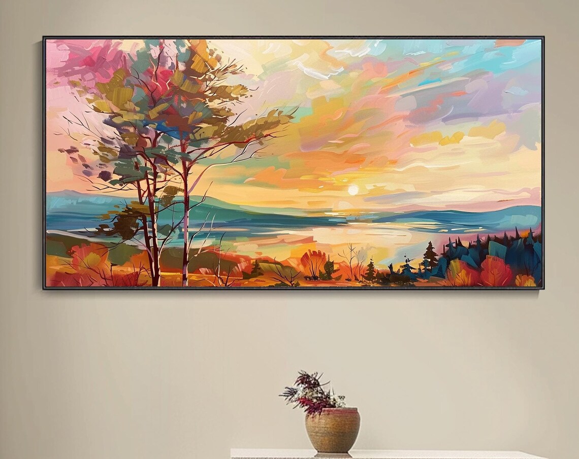 Autumn Sunset Lake Mountain View Colorful Landscape Art Poster