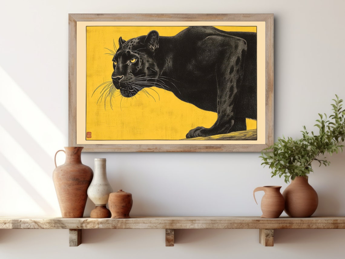 Black Panther Japanese Woodblock Style Yellow Background Poster - Image 3
