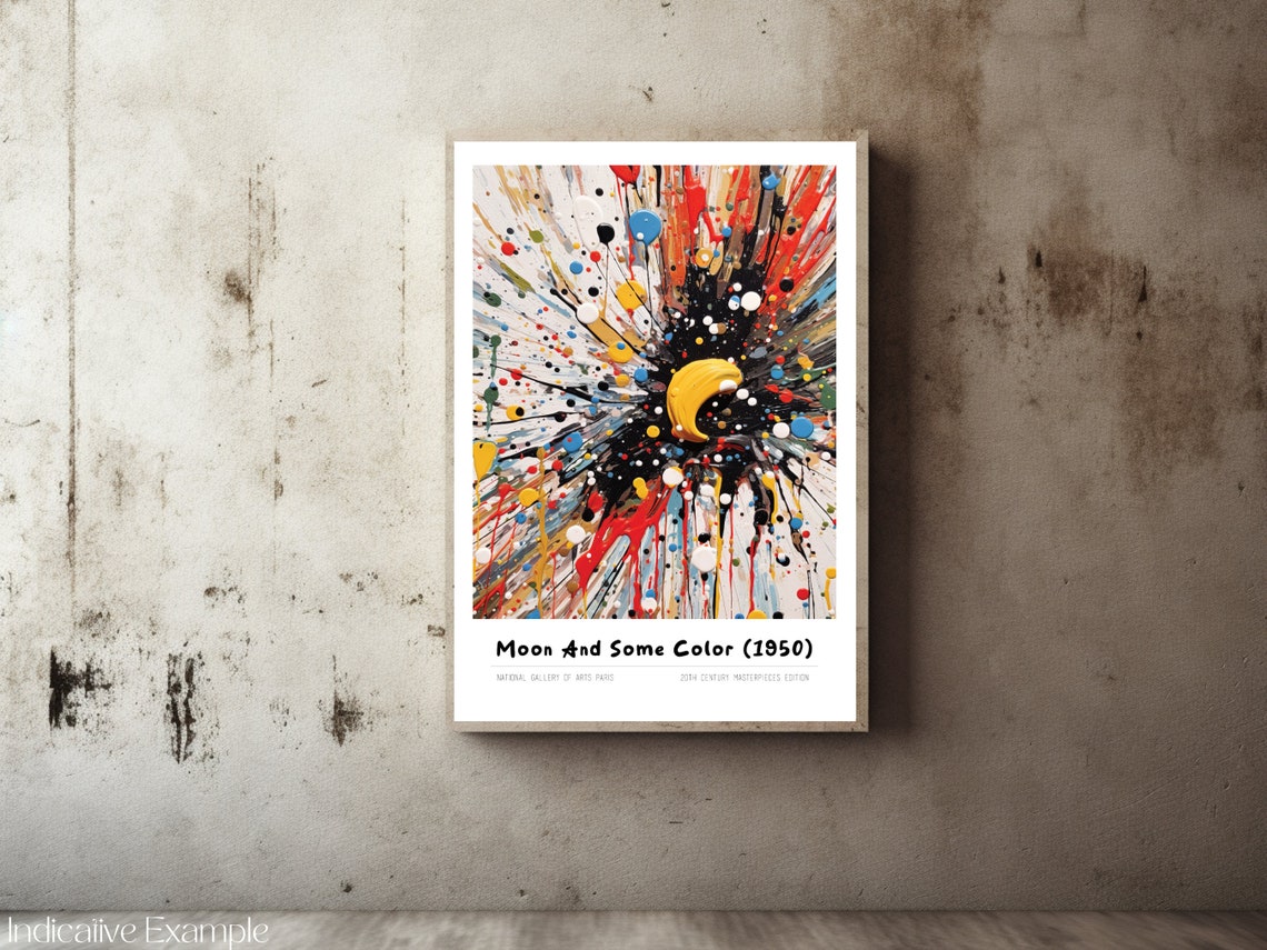 Moon And Some Color 1950 Yellow Crescent Splatter Art Poster - Image 2