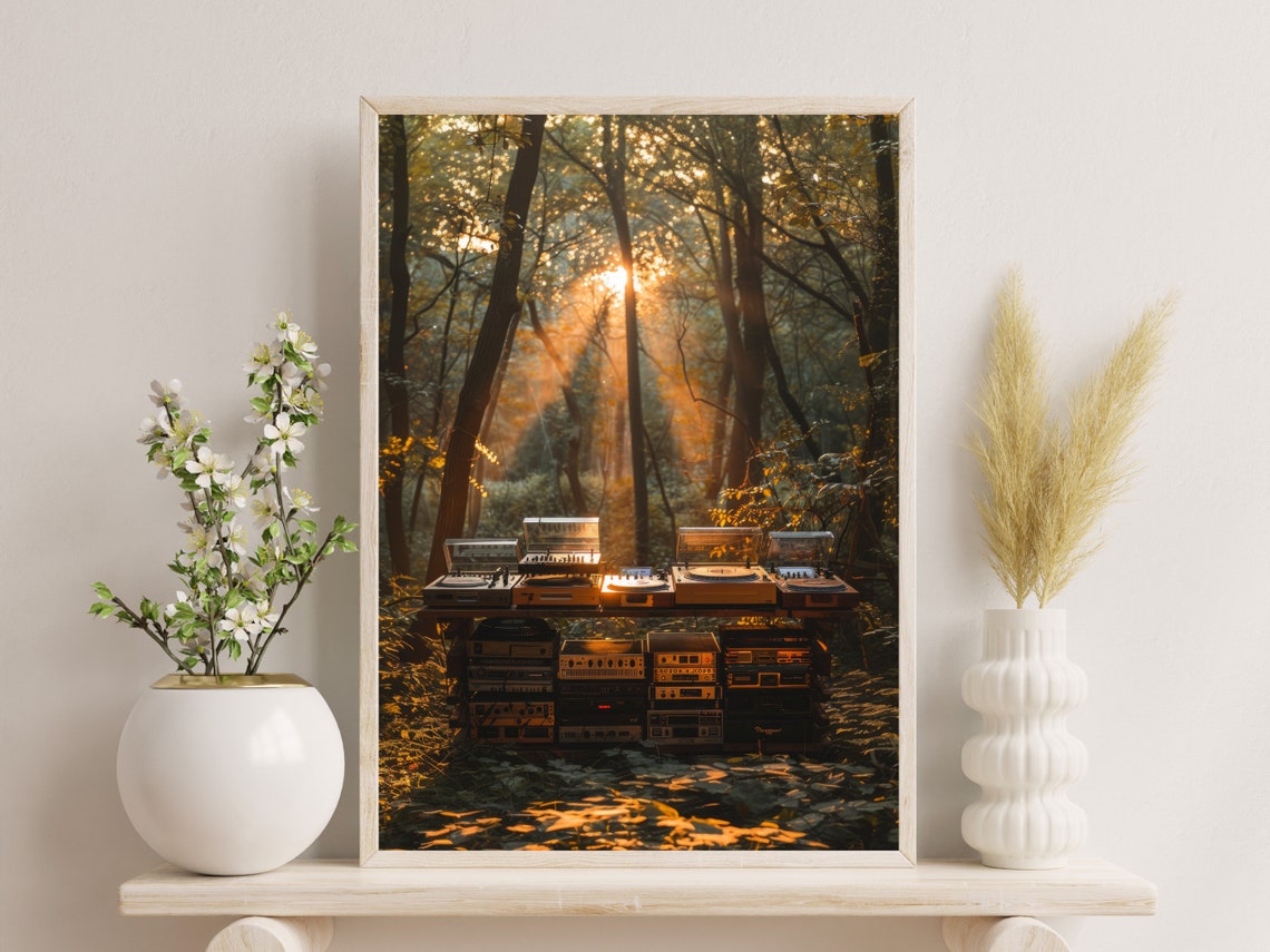 Sunlit Forest DJ Turntable Setup Surreal Golden Light Art Poster - Image 3