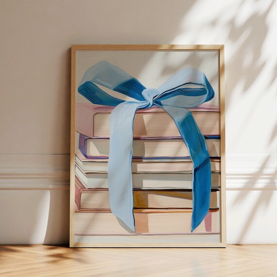 Stack Of Books Tied With Big Blue Ribbon Bow Painted Art Poster