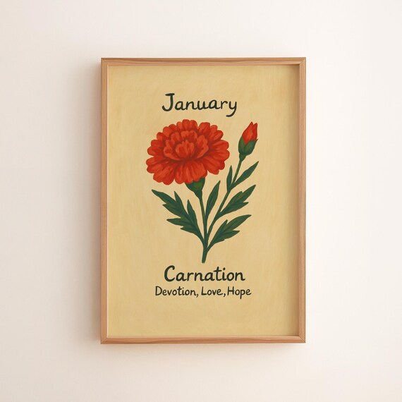 January Carnation Print Vintage Botanical Wall Art