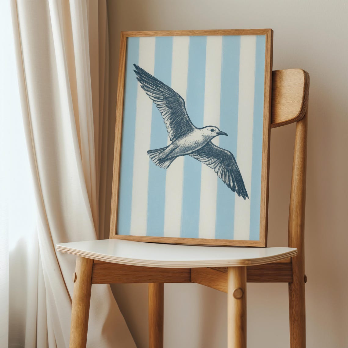 Nautical Flying Seagull Ink Sketch Blue Striped Coastal Poster