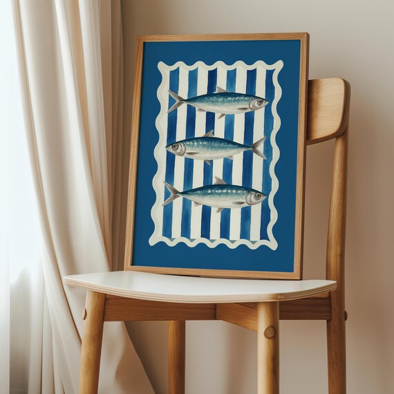 Three Sardines Blue Stripes Coastal Kitchen Retro Nautical Fish Poster