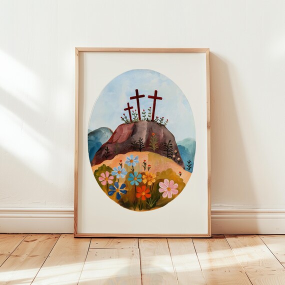 Three Crosses Calvary Hill Watercolor Wildflowers Oval Art Print