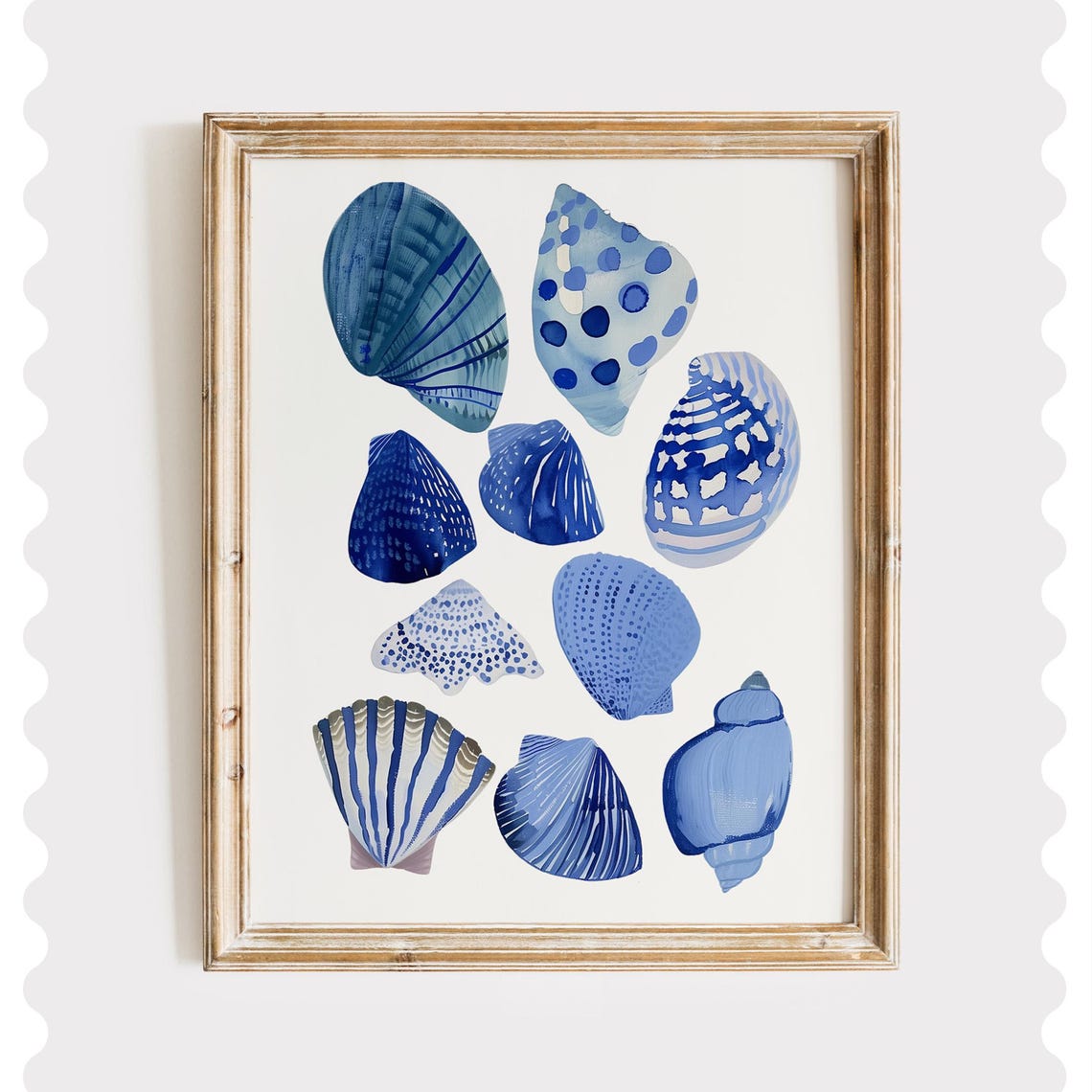 Blue Seashells Watercolor Coastal Beach Nine Shell Study Art Poster