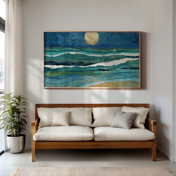 Stylized Teal Ocean Waves Beneath a Glowing Golden Moon Poster