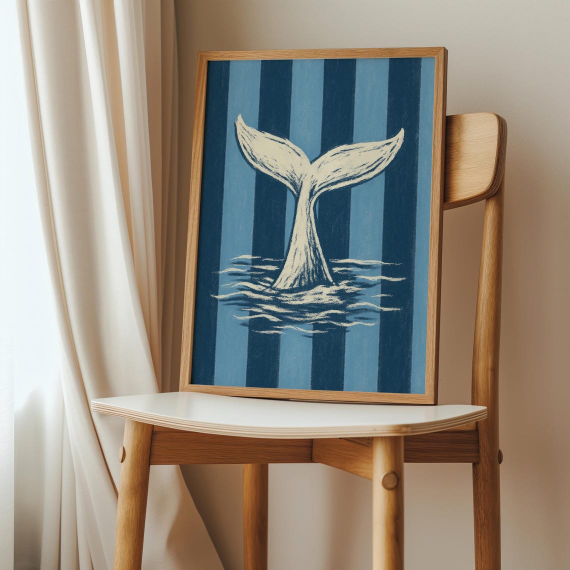 Whale Tail Splash Navy Striped Coastal Kids Illustration Poster