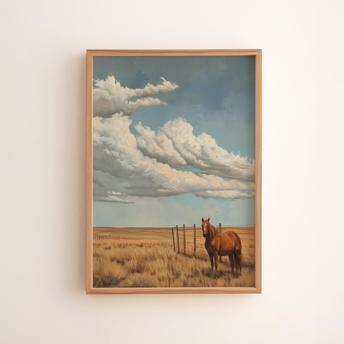 Chestnut Horse Golden Prairie Big Sky Clouds Rustic Painting Poster