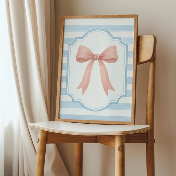 Pink Ribbon Bow Watercolor Nursery Poster in Soft Coquette Style on Blue Stripes