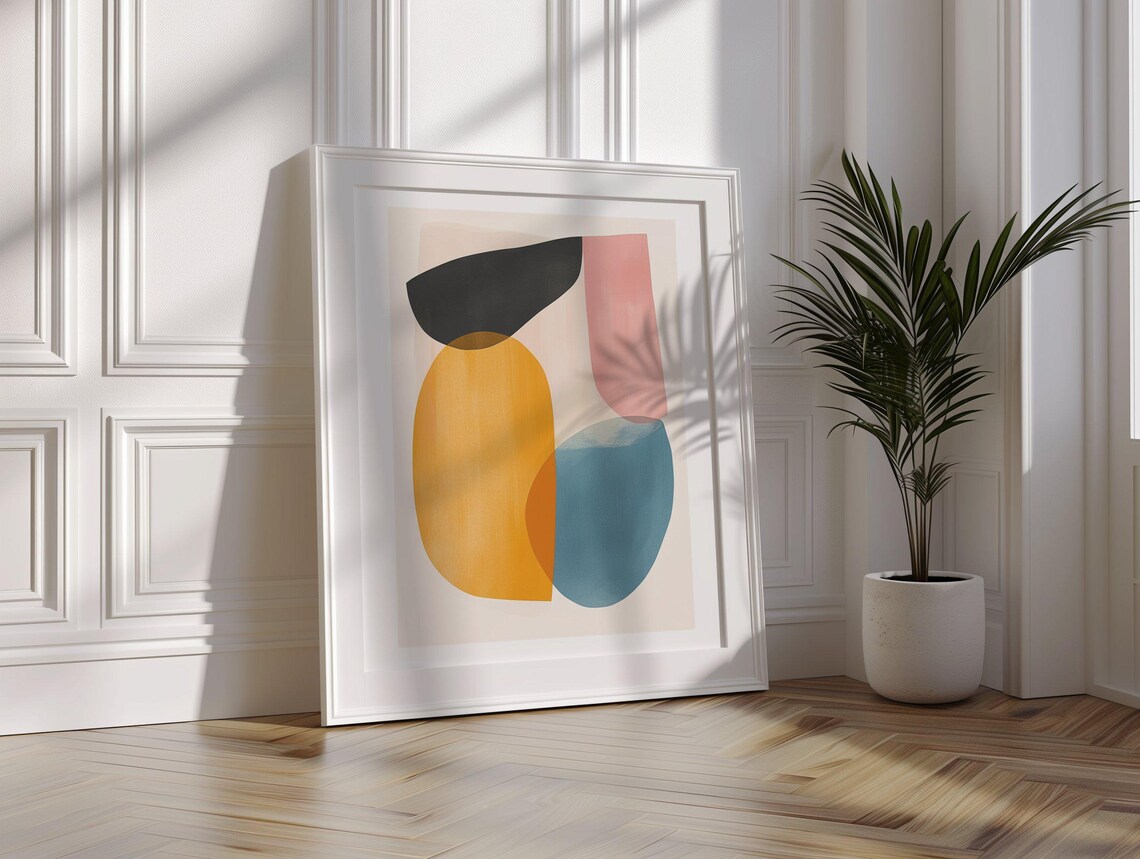 Pink Mustard and Teal Mid Century Modern Abstract Shapes Art Poster - Image 3