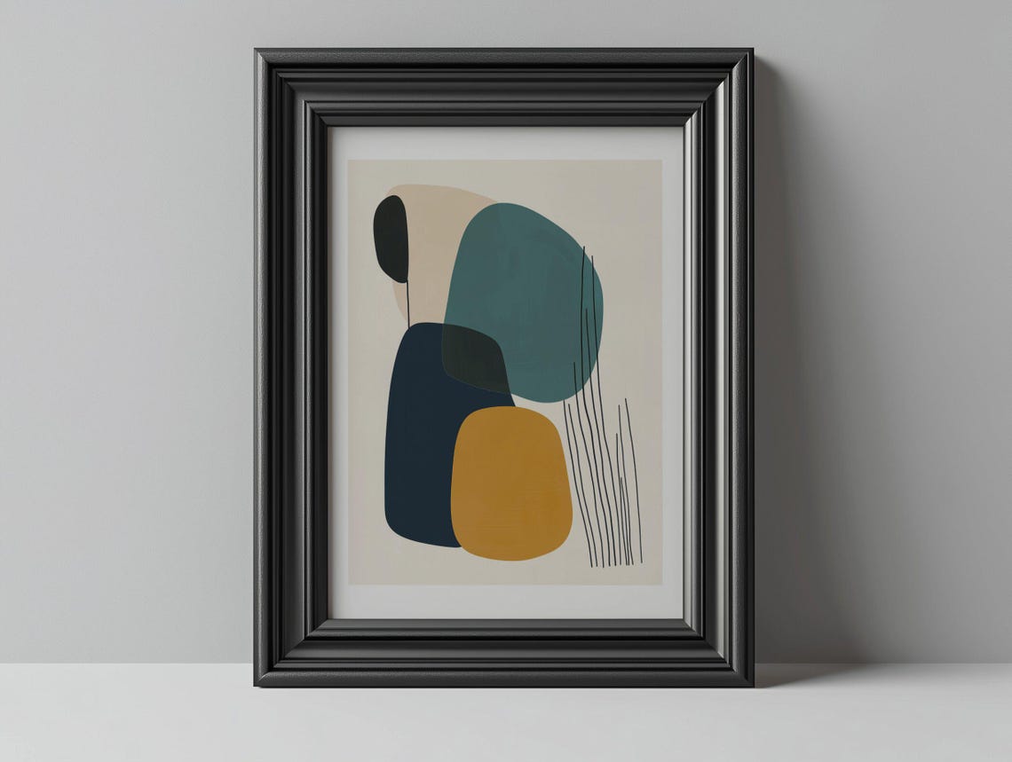 Dark Teal Navy and Mustard Abstract Art with Fine Line Details Poster - Image 4