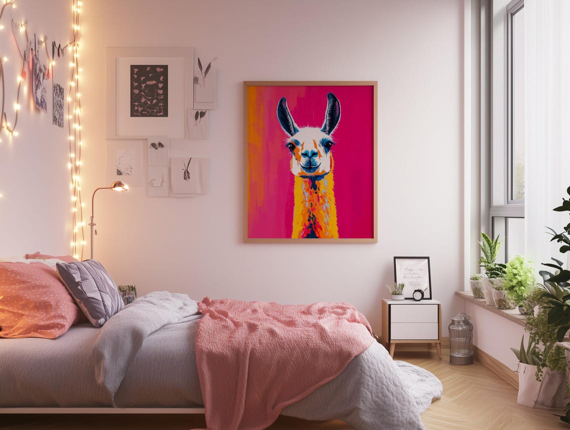 Colorful Llama Portrait Pop Art Hot Pink Neon Animal Wall Decor Poster - Image 4