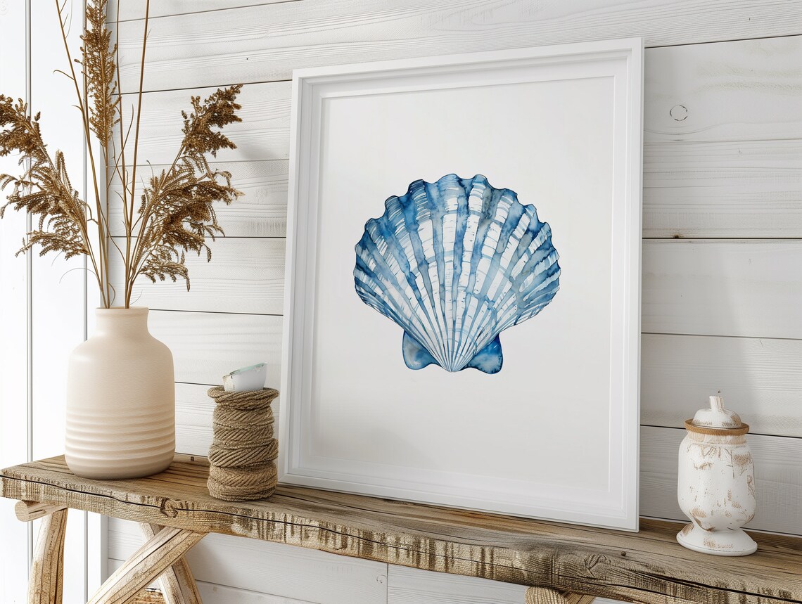 Blue Watercolor Scallop Shell Coastal Poster Minimalist Beach Decor Art - Image 4