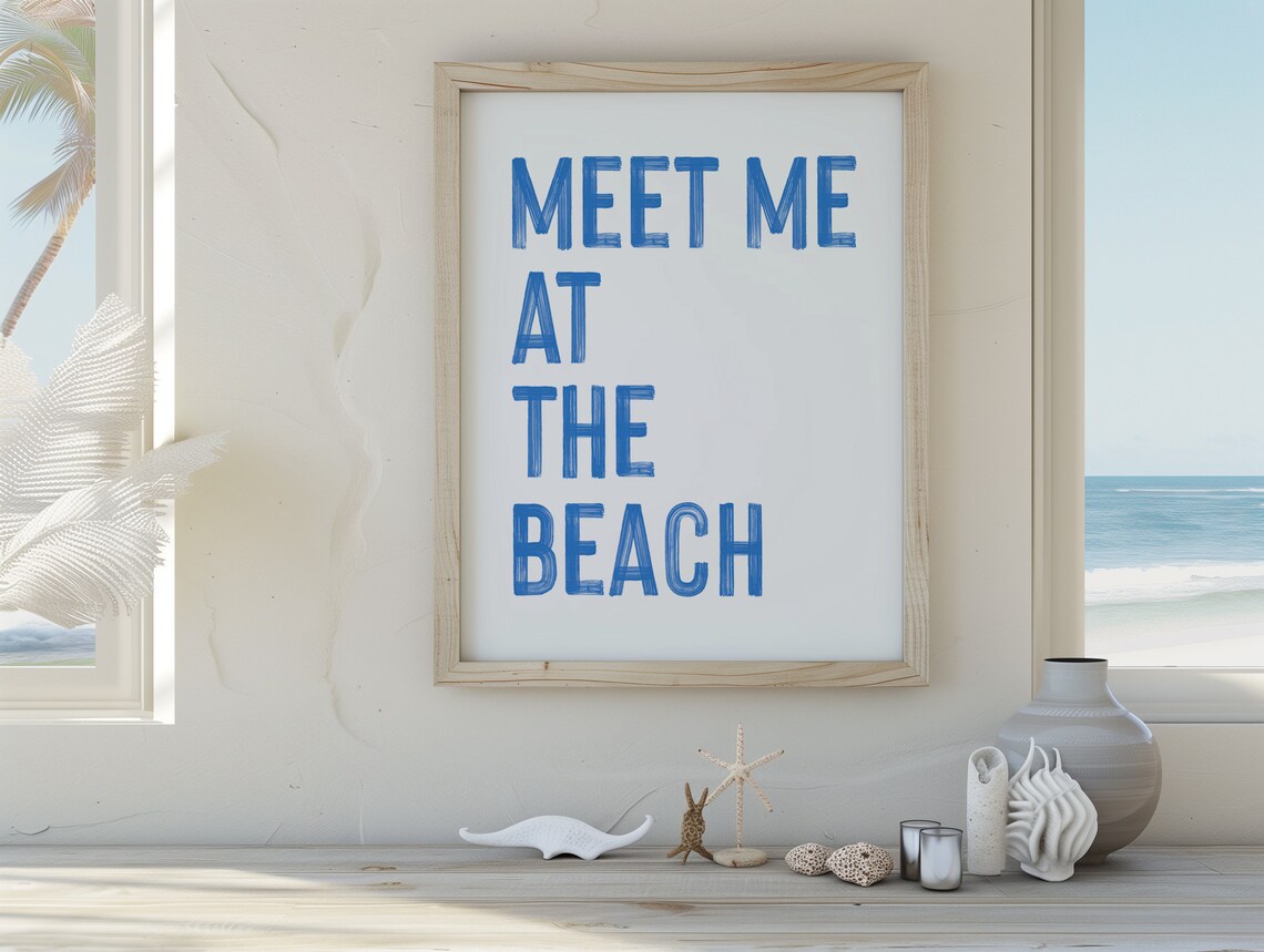 Meet Me At The Beach Coastal Typography Poster Blue Brush Lettering Decor - Image 3