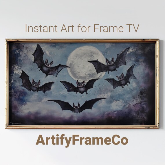 Cute Bats Flying Before a Full Moon Night Sky Vintage Halloween Wall Art