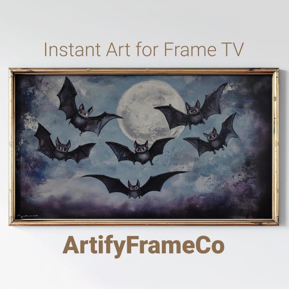 Playful Bats Under The Moon Halloween Frame Tv Art Cute Vintage Night Frame Tv Art Whimsical Tv Screensaver