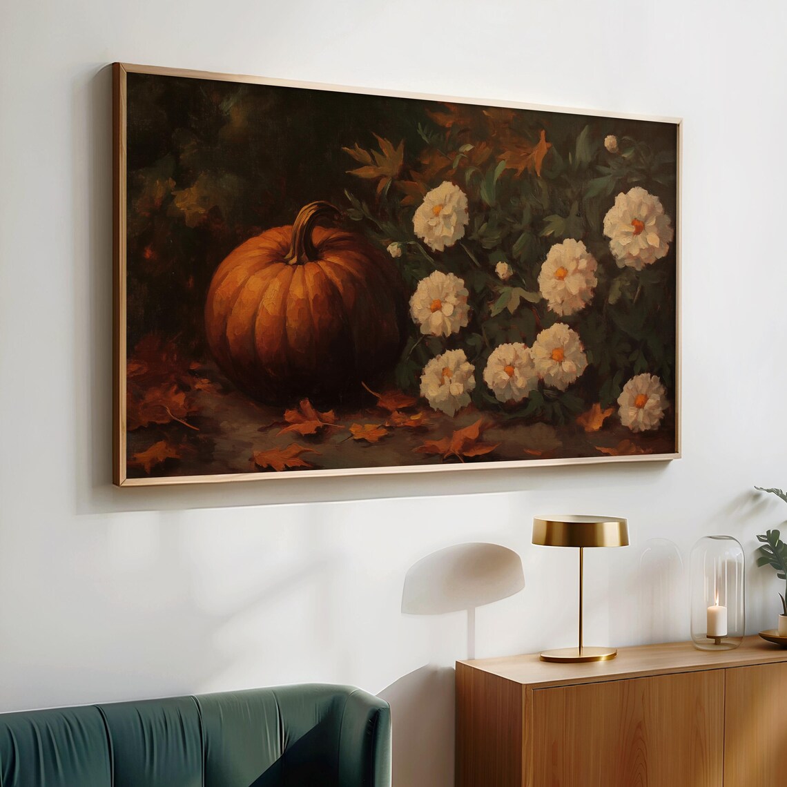 Orange Pumpkin With White Chrysanthemums Autumn Still Life Oil Painting Wall Art - Image 4