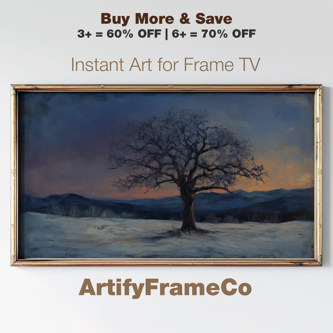 Lone Winter Tree Twilight Snowy Field Mountain Frame TV Art Poster