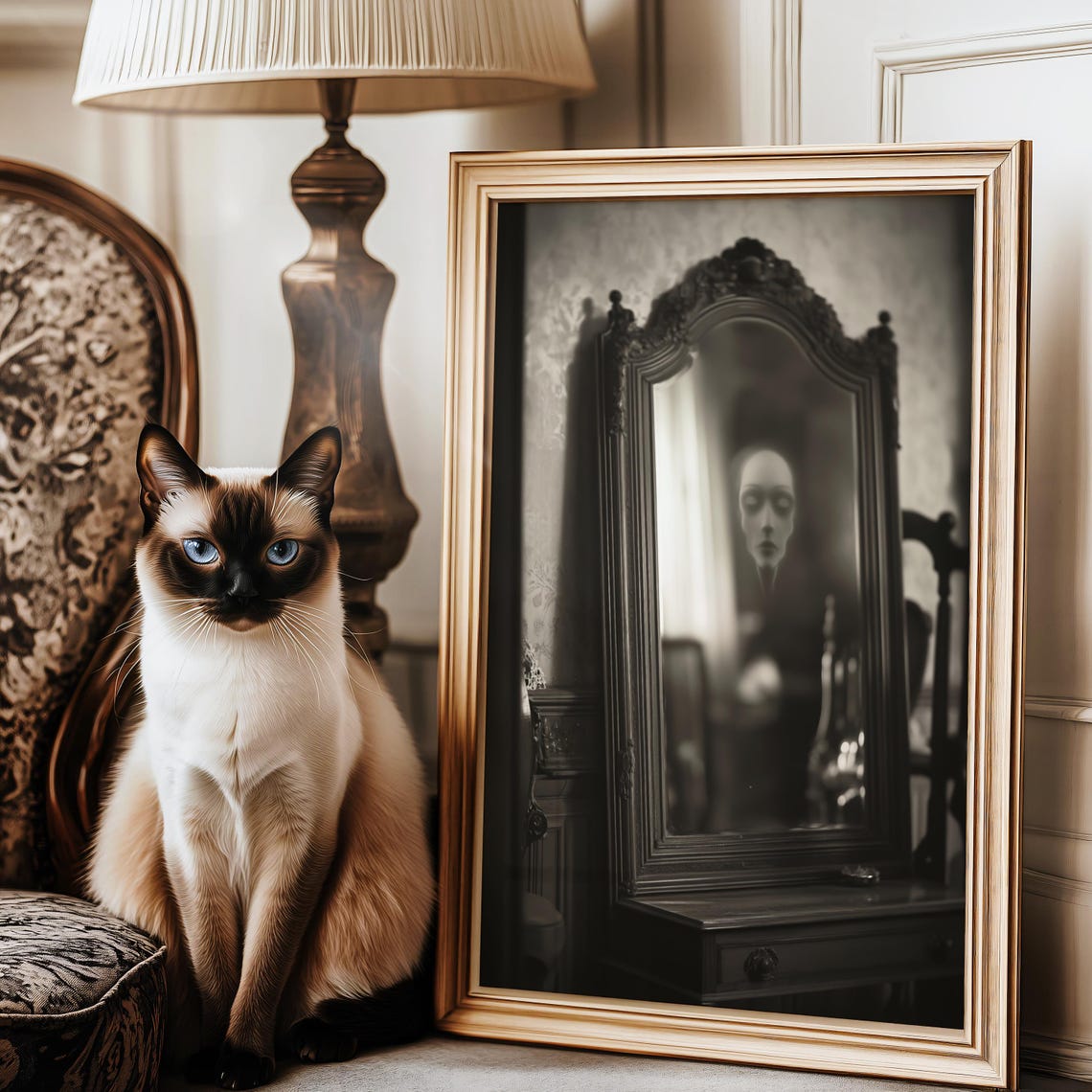 Haunted Mirror With Ghostly Face Reflection Vintage Style Poster - Image 3