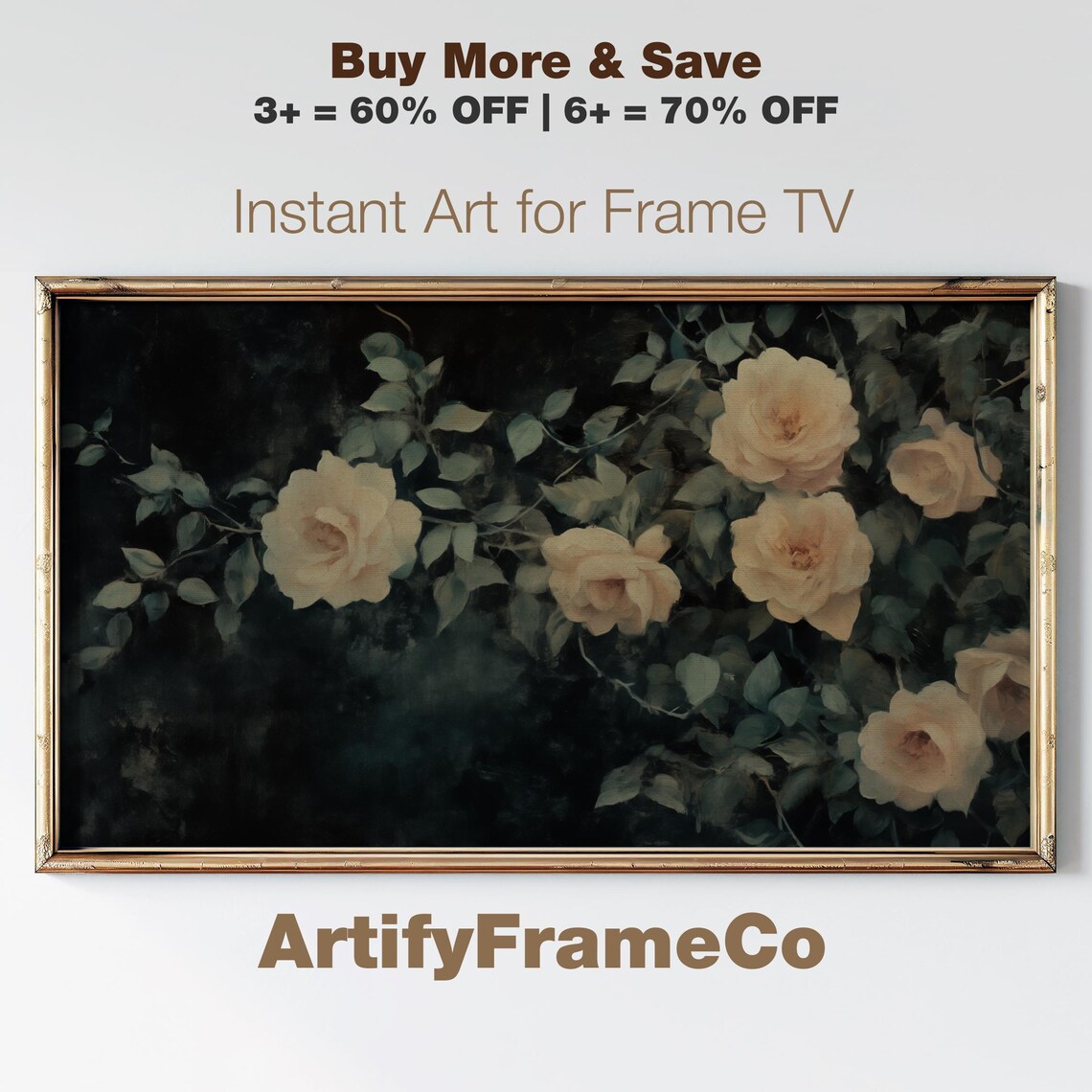 Vintage Yellow Wild Roses Dark Moody Floral Frame TV Art Poster