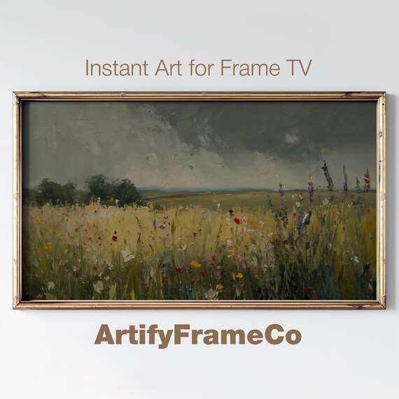 Vintage Wildflowers Landscape Spring Frame Tv Art Rustic Moody Botanical Oil Painting Frame Tv Art Neutral Nature Decor Tv0050