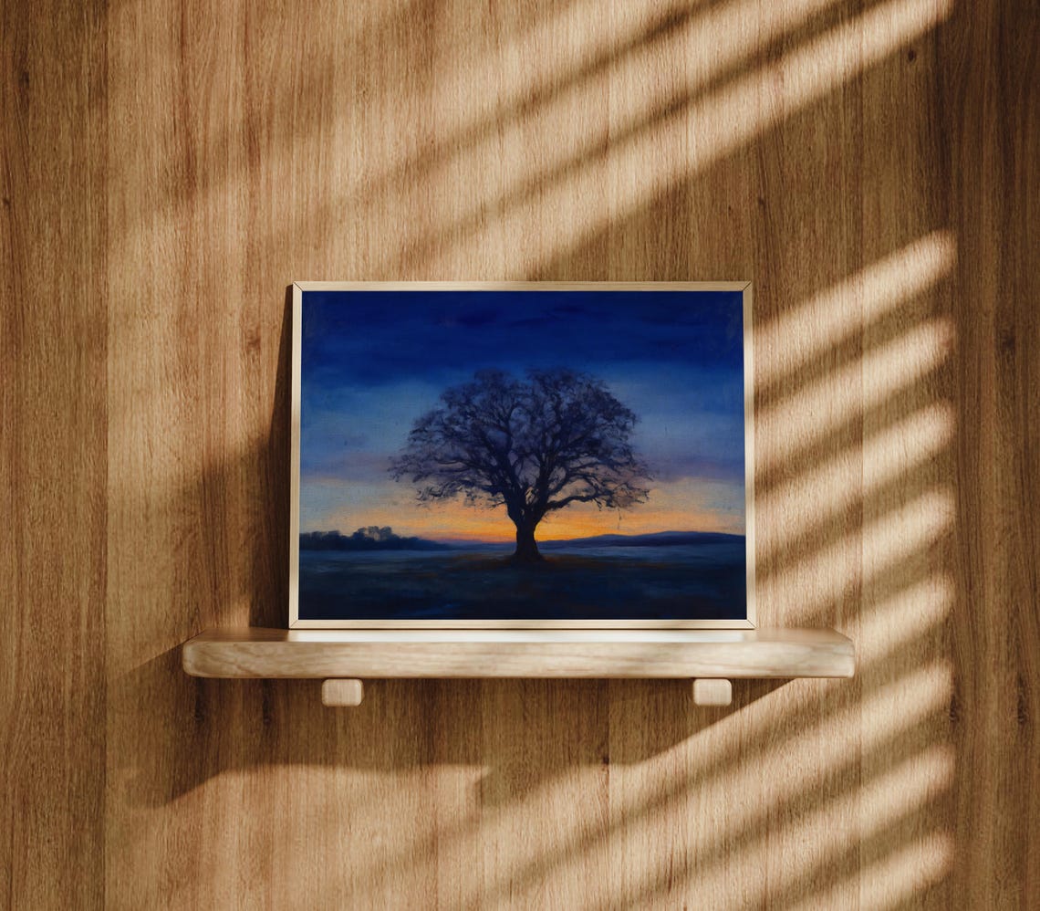 Rustic Landscape Wall Art Twilight Oak Atmospheric Oil Painting Moody Tree Wall Decor Textured Wh0007 - Image 3