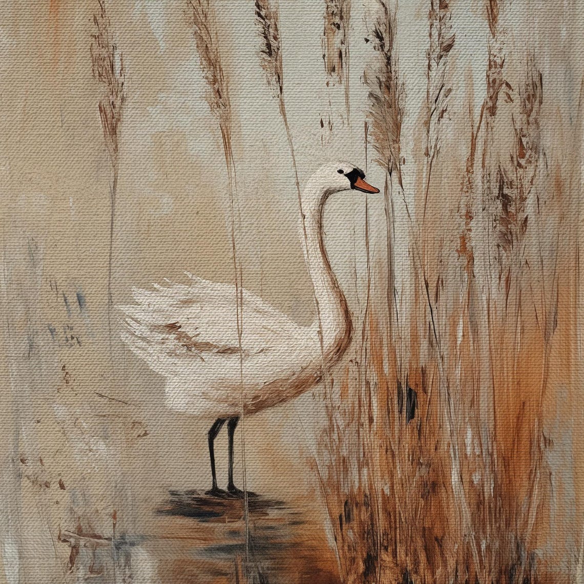 White Swan Standing Marsh Reeds Soft Neutral Oil Painting Poster - Image 4