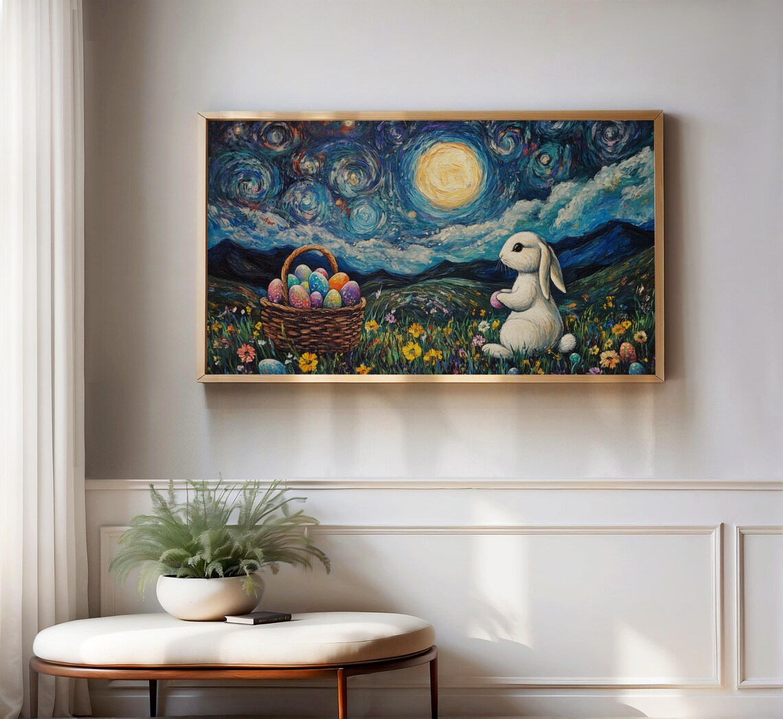 Easter Bunny With Egg Basket Under Starry Swirling Night Sky Wildflower Print - Image 3