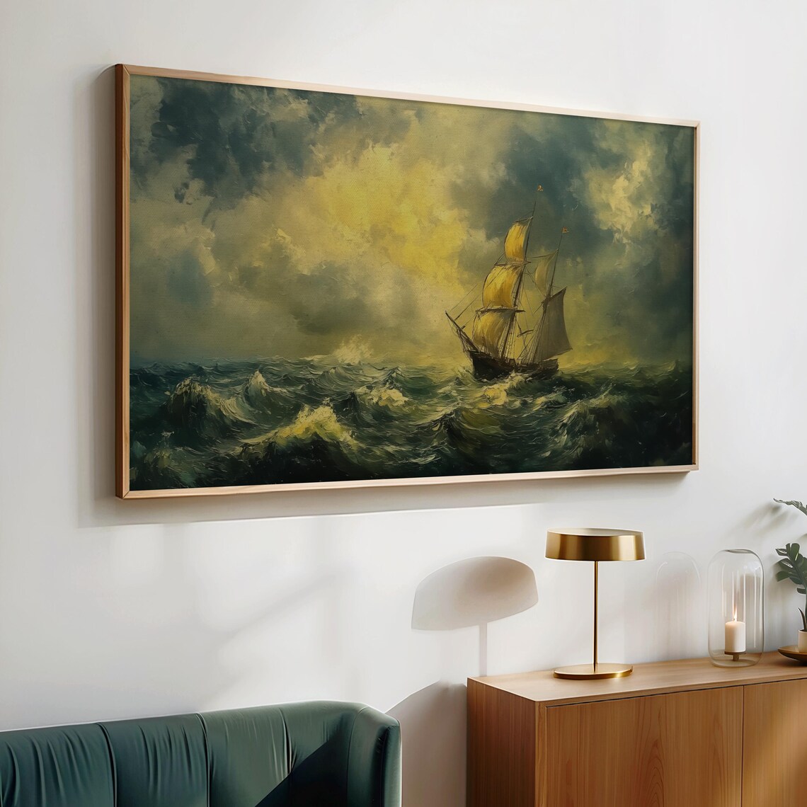 Tall Sailing Ship Stormy Dark Sea Golden Sky Vintage Nautical Poster - Image 2