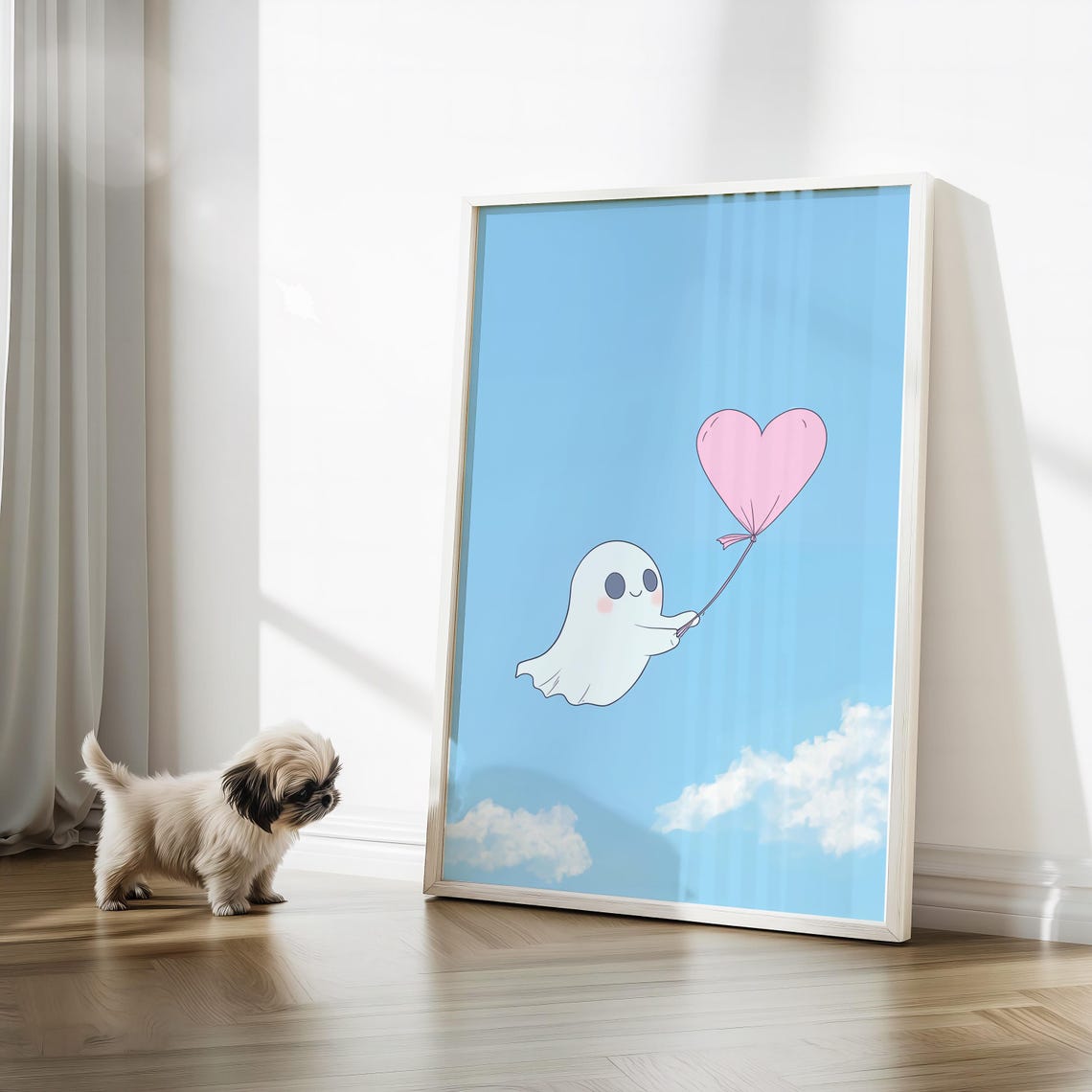 Cute Ghost Flying With Pink Heart Balloon In Blue Sky Poster - Image 3