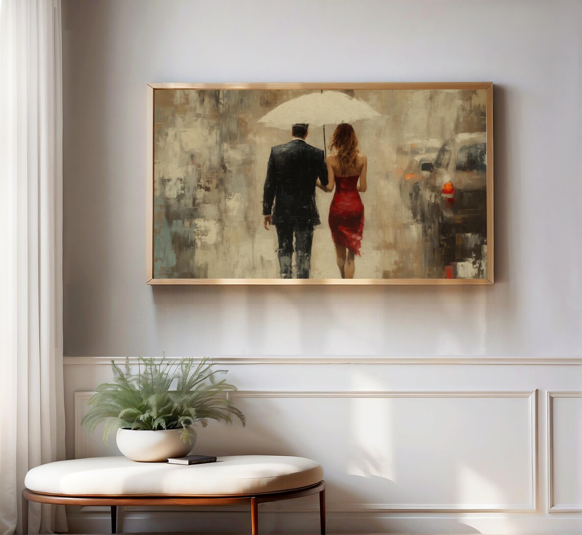 Couple Walking Away Under Umbrella Rainy City Beige Romantic Poster - Image 3