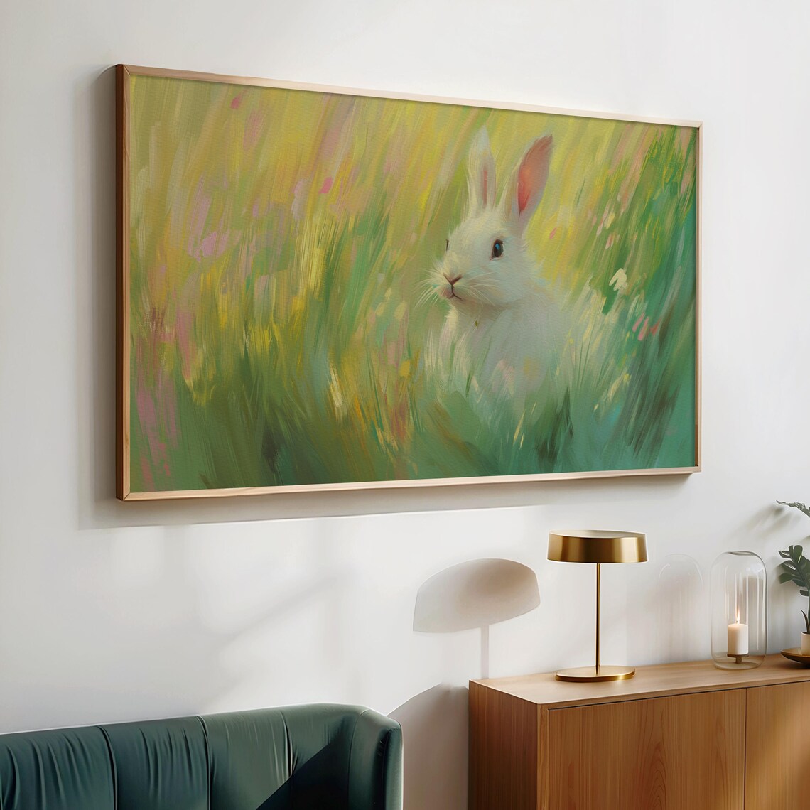 White Bunny In Sunny Spring Meadow Impressionist Wildlife Wall Art Poster - Image 2