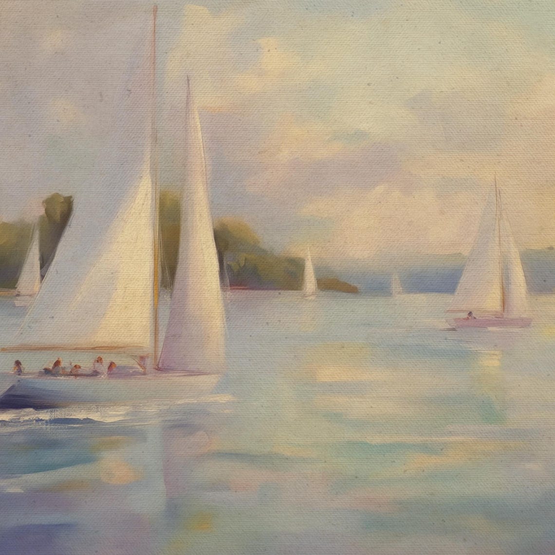 Sailboat Regatta Calm Water Soft Pastel Sky Oil Painting Poster - Image 4