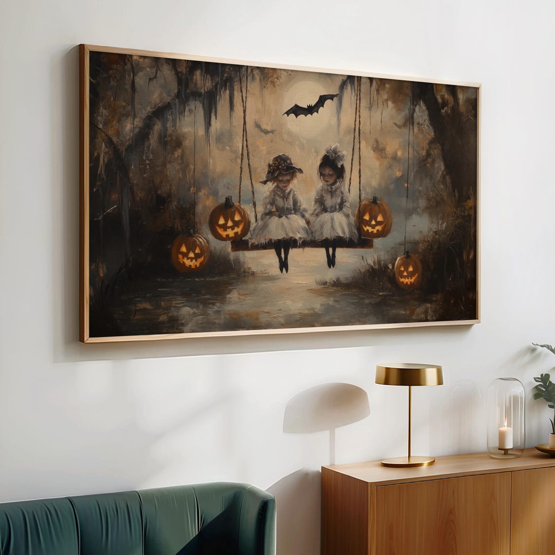Victorian Children Halloween Costume Swing Pumpkins Moonlight Poster - Image 4