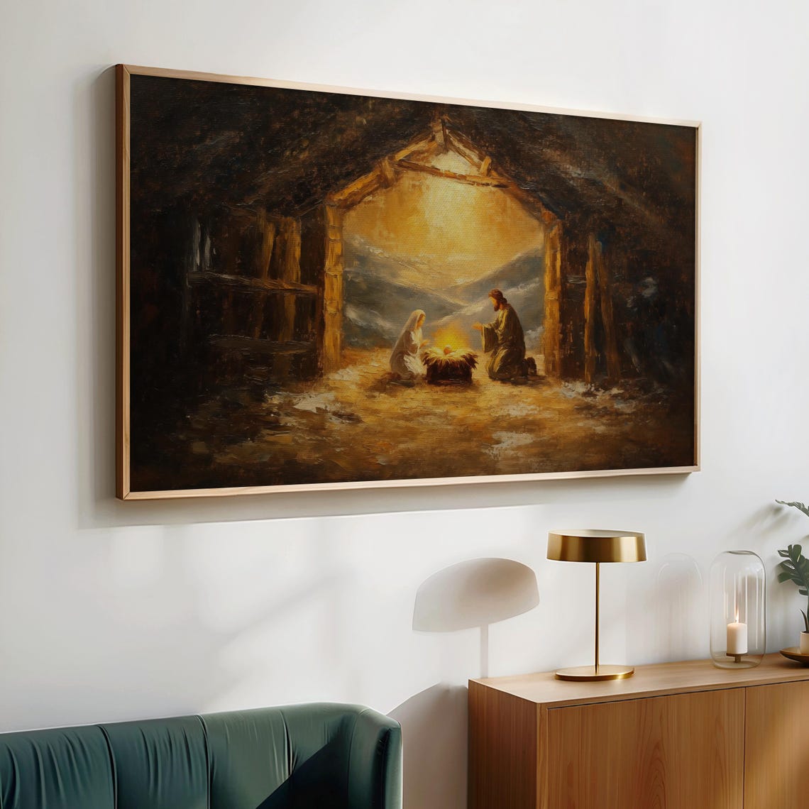 Nativity Scene in Rustic Stable Warm Golden Light Christmas Poster - Image 2