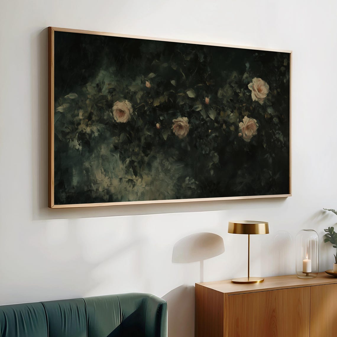 Moody Dark Floral Cream Wild Roses Vintage Frame TV Art Poster - Image 2