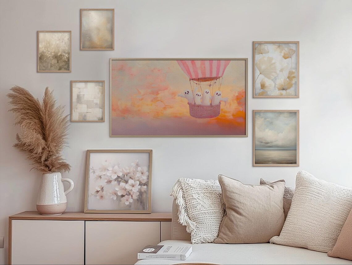 Ghosts Riding a Pink Hot Air Balloon at Sunset Whimsical Halloween Wall Art - Image 2