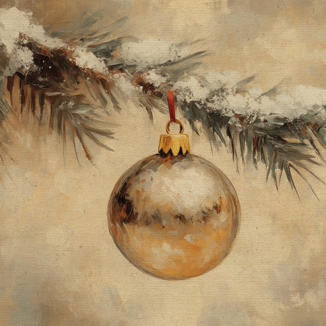 Gold Bauble on Snowy Pine Branch Warm Antique Christmas Glow Poster - Image 4