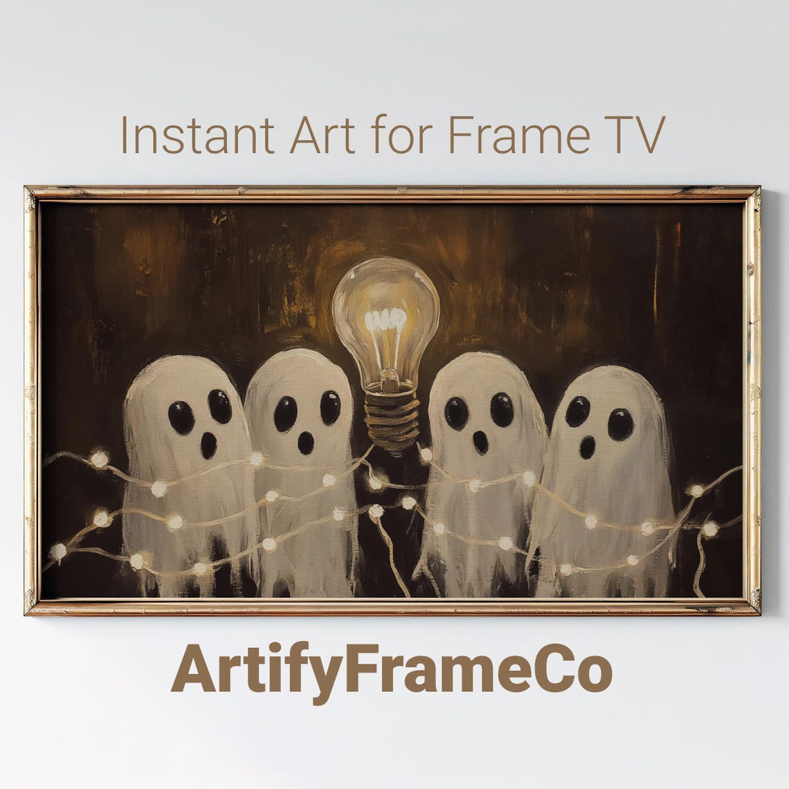 Cheerful Ghosts With Fairy Lights Halloween Frame Tv Art Cute Spooky Decor Scene Frame Tv Art Whimsical Wall Art