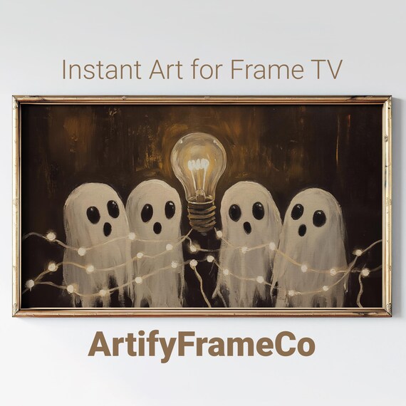 Ghosts Wrapped in Fairy Lights With a Glowing Bulb Vintage Halloween Wall Art
