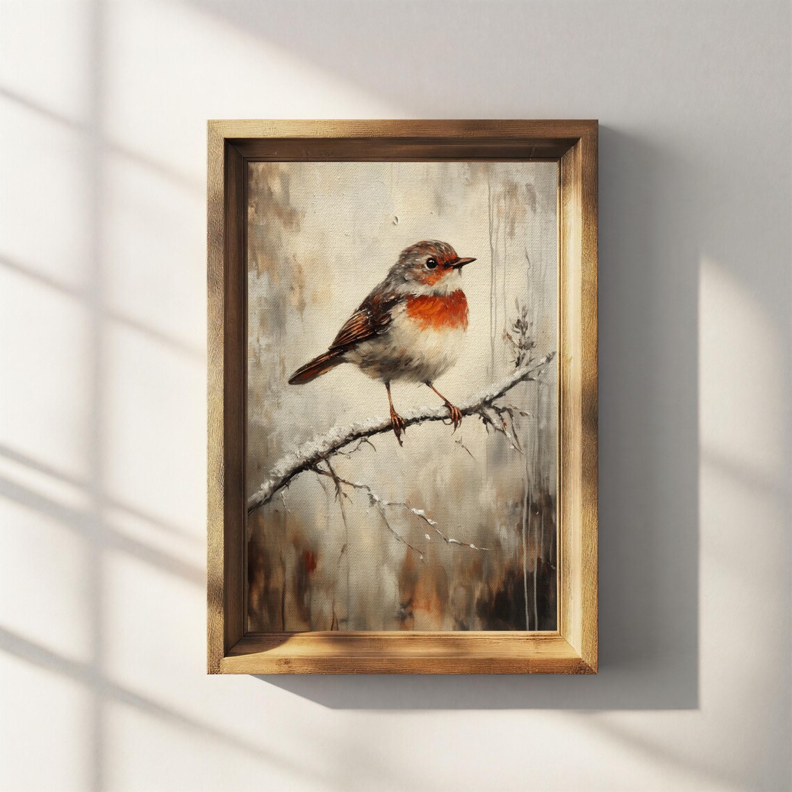 European Robin Snowy Branch Soft Winter Songbird Painting Poster - Image 3