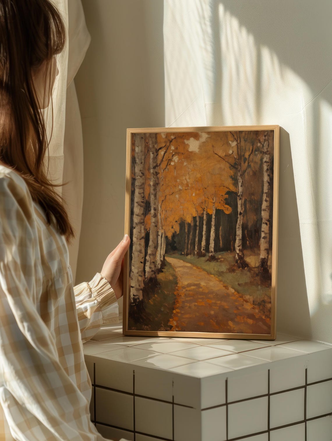 Golden Birch Forest Autumn Path Fall Foliage Oil Painting Poster - Image 2