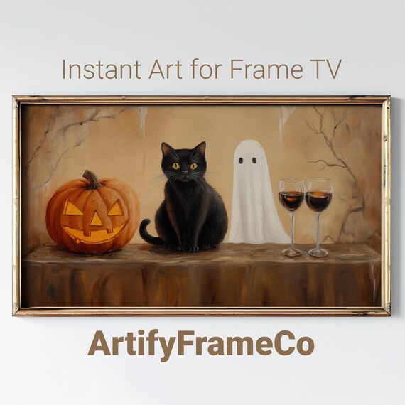 Black Cat Ghost Jack O Lantern and Wine Playful Halloween Still Life Wall Art