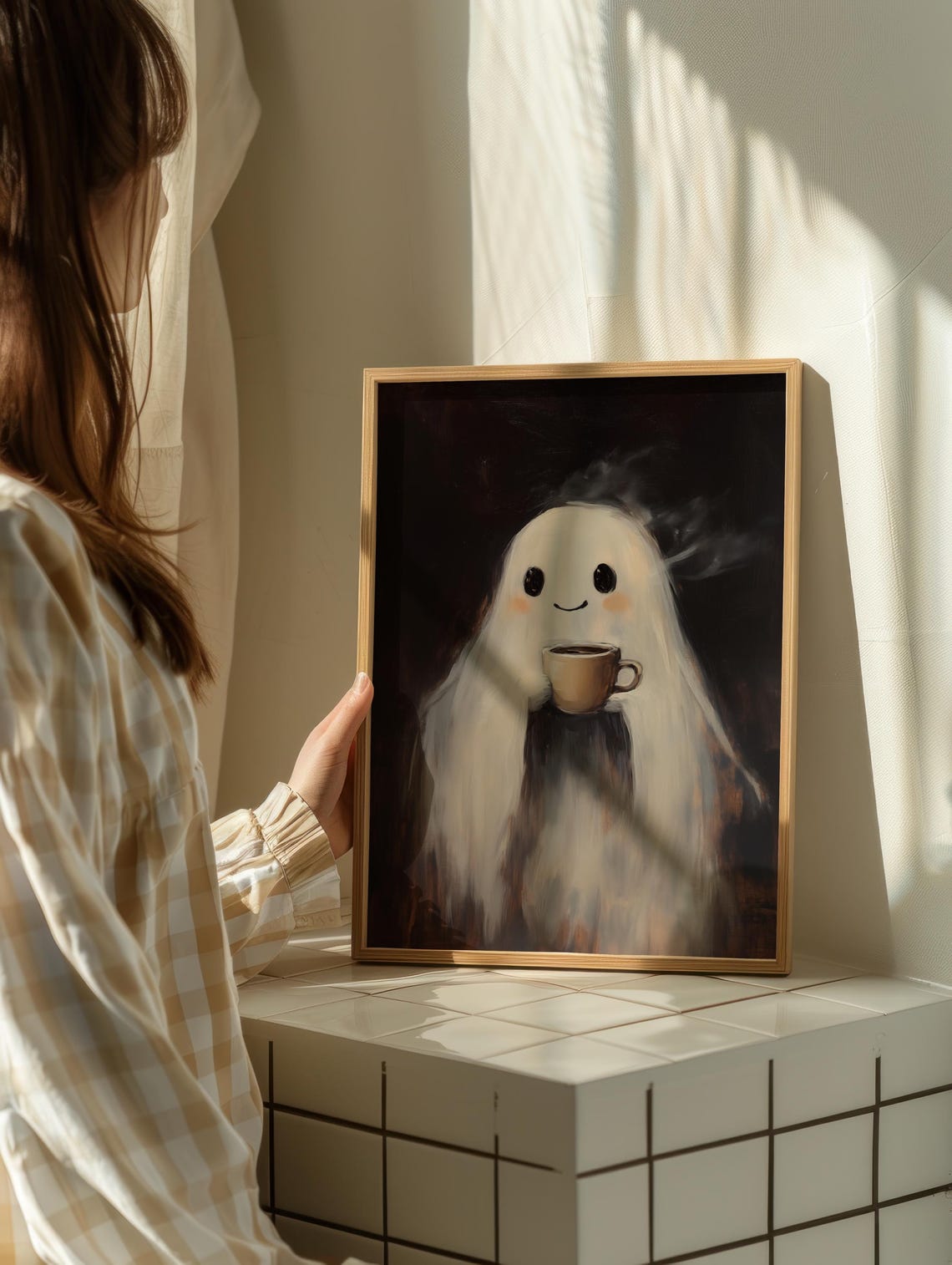 Smiling Ghost Holding Warm Coffee Mug Cozy Fall Halloween Poster - Image 2