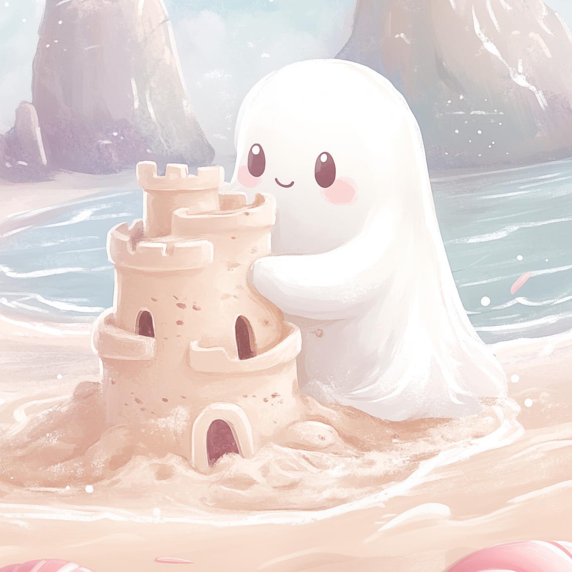 Cute Ghost Building Sandcastle Art Kawaii Halloween Decor Whimsical Beach Scene Pastel Wall Art Wall Decor - Image 4