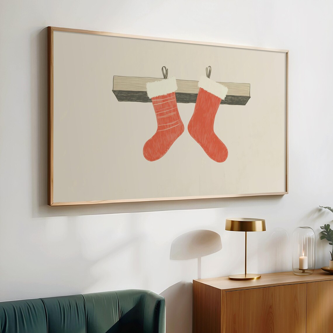 Red Christmas Stockings On Wooden Mantel Frame TV Holiday Poster - Image 2